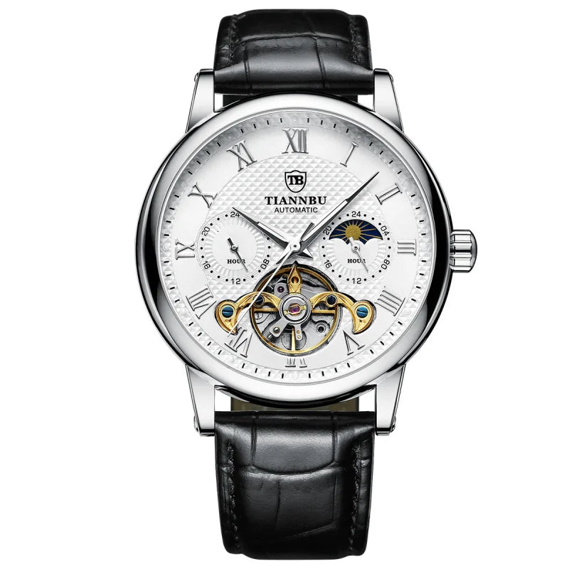 Montre mécanique automatique pour homme avec aiguilles lumineuses, bracelet en cuir, étanche, style tendance et sportif, motif solaire, haute qualité