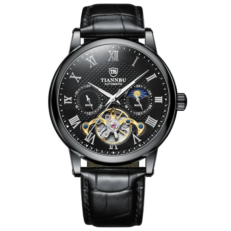 Montre mécanique automatique pour homme avec aiguilles lumineuses, bracelet en cuir, étanche, style tendance et sportif, motif solaire, haute qualité