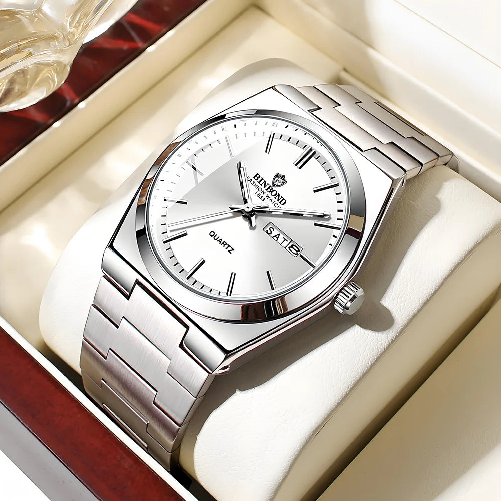 BINBOND Genuine Men Watch Light Luxury Stainless Steel Double Calendar Waterproof Male Business Fashion Quartz Clock Watches
