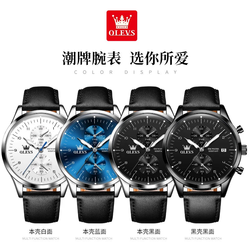 Montre Homme OLEVS, bracelet en cuir, montre mouvement quartz