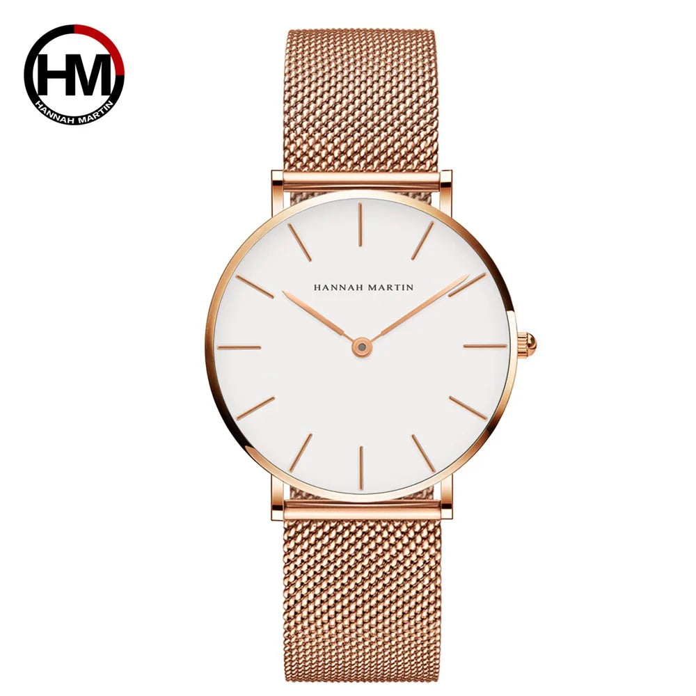 Montre pour femme Hannah Martin, bracelet en maille acier inoxydable, mouvement à quartz japonais