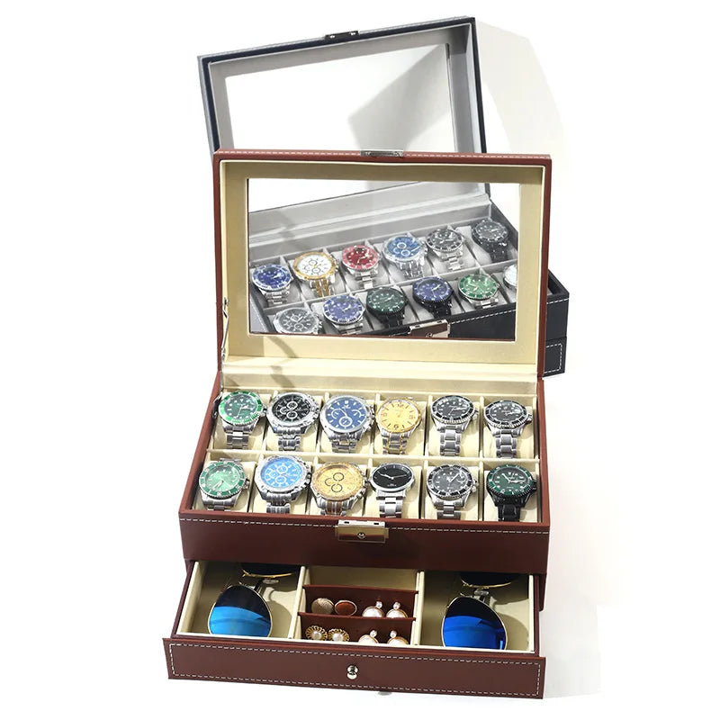New 12 Slot Leather Lockable Watch Storage Boxes,Men & Women's Jewelry Display Drawer Case, 2-Tier Organizer Watch Showcase