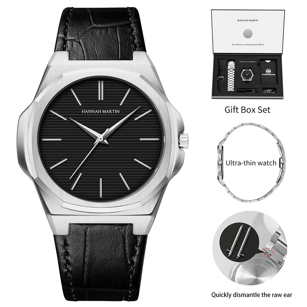 Montre femmes et Homme HANNAH MARTIN en cuir et acier inoxydable, mouvement japonais