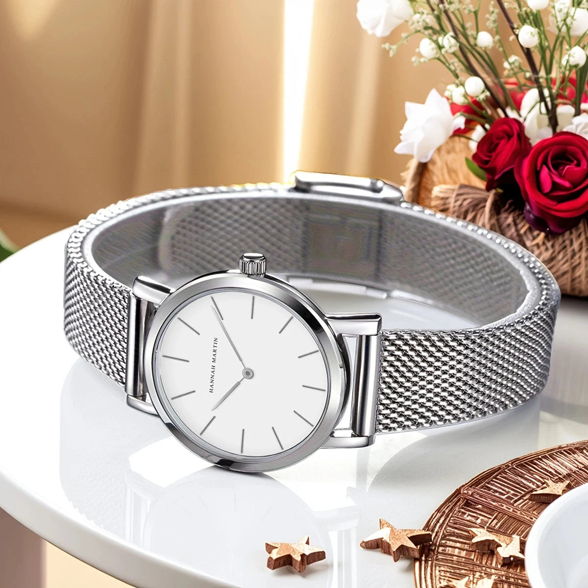Montre pour femme Hannah Martin, bracelet en maille acier inoxydable, mouvement à quartz japonais