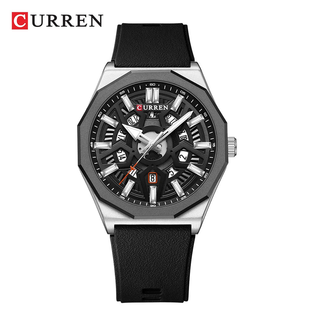 CURREN 8437 Unisex Minimalist Quartz Watch Polygonal Skeleton Sports Waterproof Silicone-Strap Wristwatch