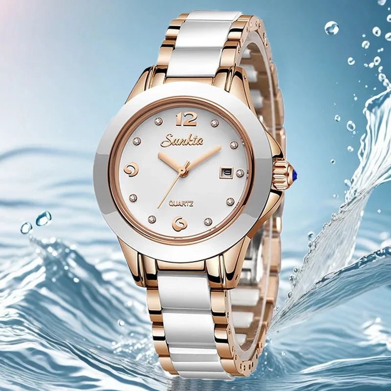 Montre Femme Sunkta Fashion Décontractée Quartz Élégante Luxe Céramique Diamant cadrant Étanche Montres pour Femme