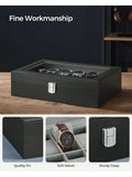12-Slot Lockable Watch Box with Glass Lid & Drawer, 2-Layer Leather Watch Display Case Organizer for Rings Bracelets, Black/Brown/Gray