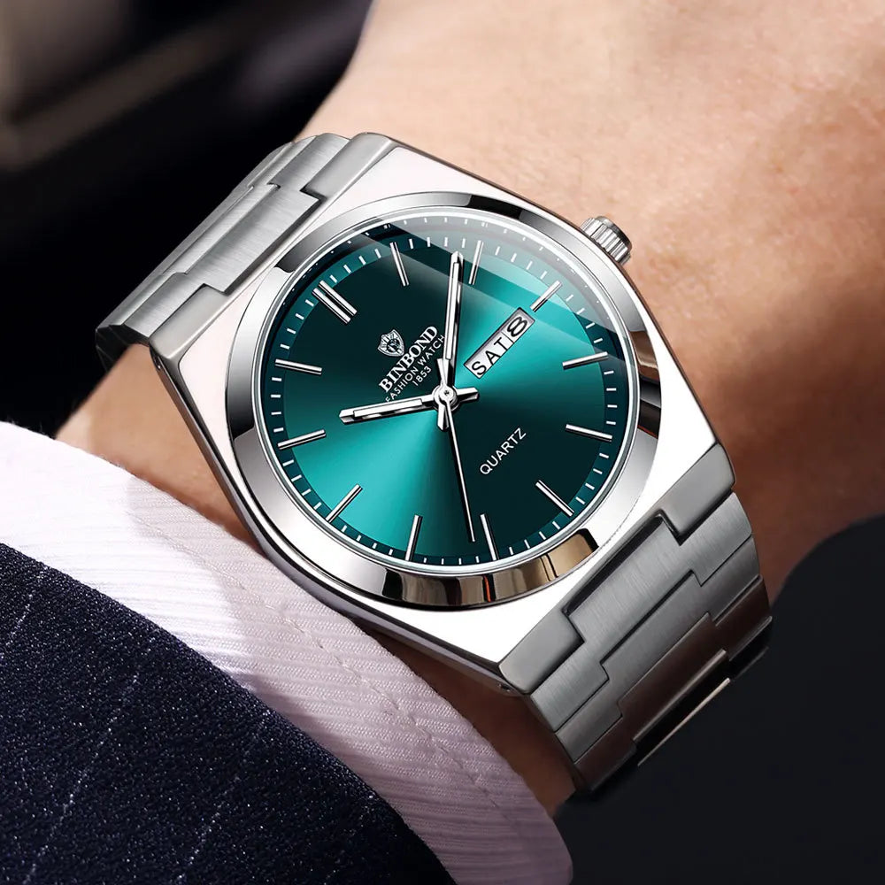 BINBOND Genuine Men Watch Light Luxury Stainless Steel Double Calendar Waterproof Male Business Fashion Quartz Clock Watches