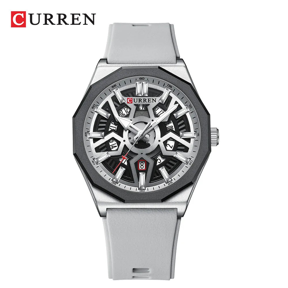 CURREN 8437 Unisex Minimalist Quartz Watch Polygonal Skeleton Sports Waterproof Silicone-Strap Wristwatch