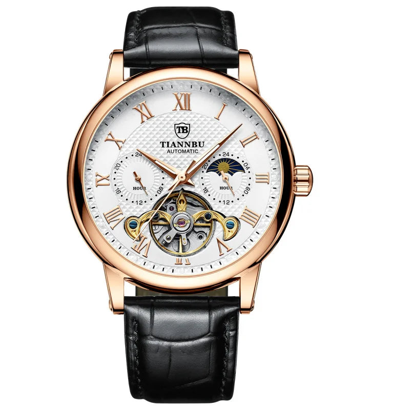 Montre mécanique automatique pour homme avec aiguilles lumineuses, bracelet en cuir, étanche, style tendance et sportif, motif solaire, haute qualité