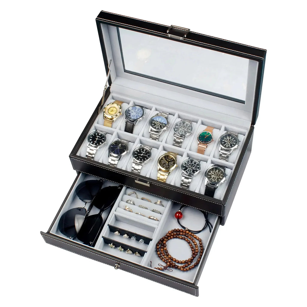 New 12 Slot Leather Lockable Watch Storage Boxes,Men & Women's Jewelry Display Drawer Case, 2-Tier Organizer Watch Showcase