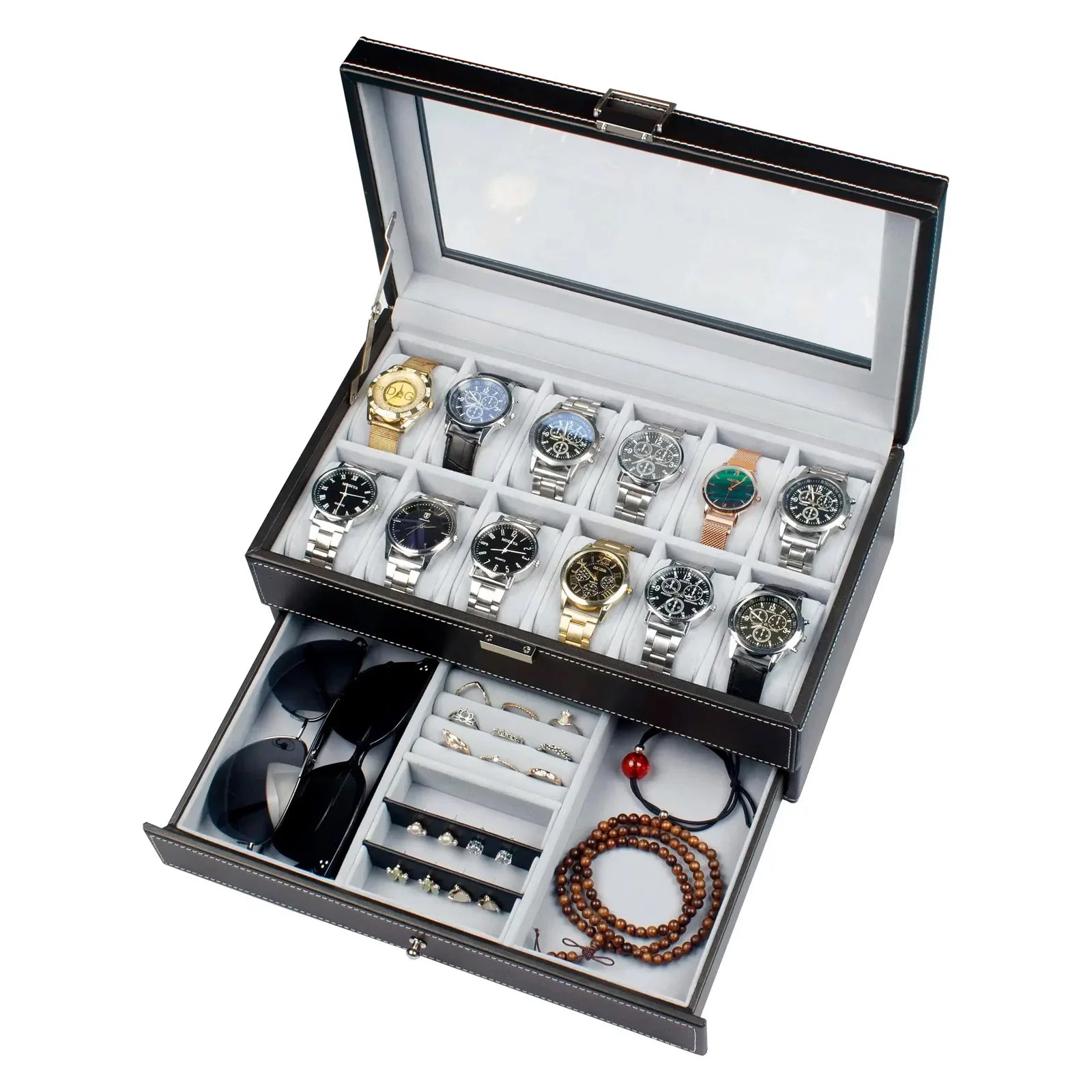 New 12 Slot Leather Lockable Watch Storage Boxes,Men & Women's Jewelry Display Drawer Case, 2-Tier Organizer Watch Showcase