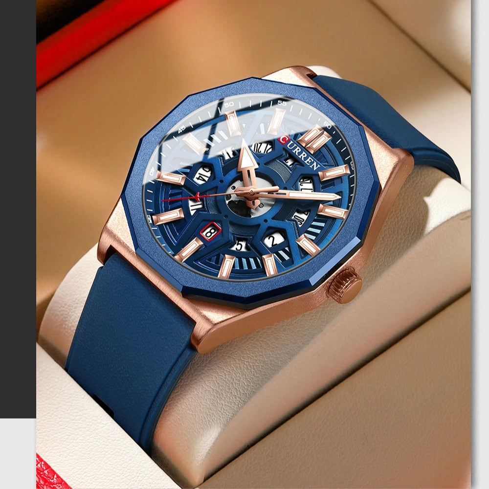 CURREN 8437 Unisex Minimalist Quartz Watch Polygonal Skeleton Sports Waterproof Silicone-Strap Wristwatch