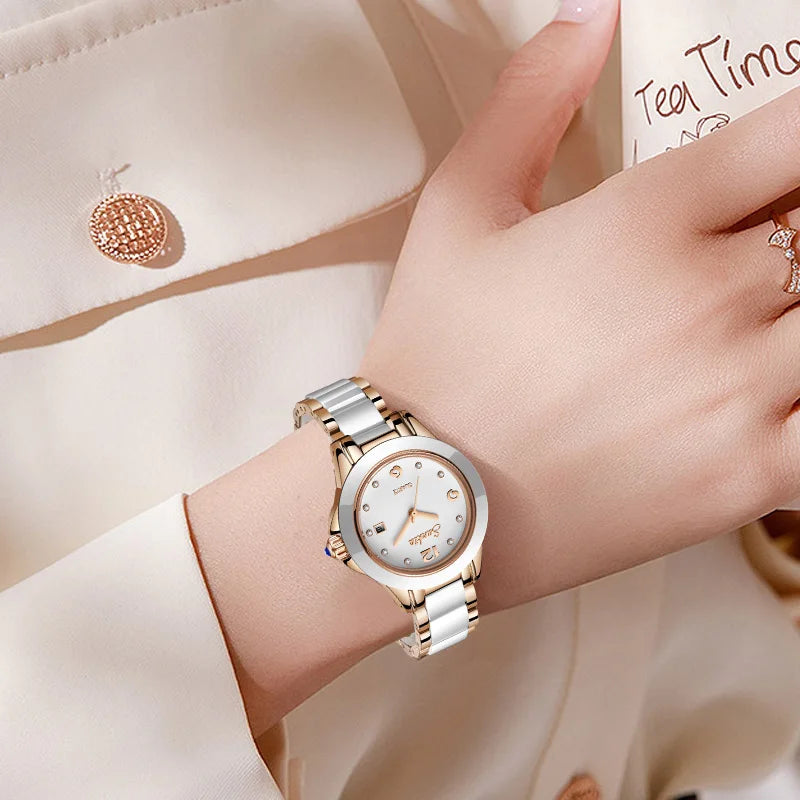 Montre Femme Sunkta Fashion Décontractée Quartz Élégante Luxe Céramique Diamant cadrant Étanche Montres pour Femme