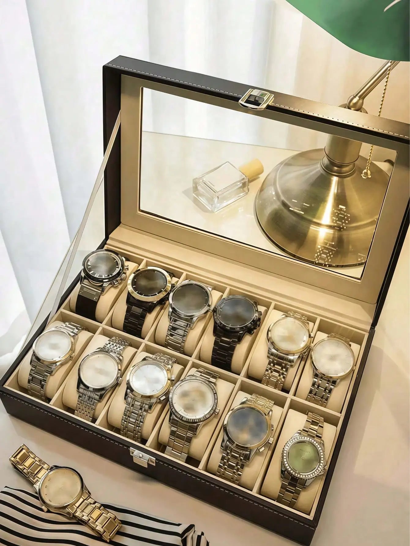 Leather Watch Box with Lock, Large Capacity Watch Display Case, High-End Jewelry Storage Organizer for Men Women, Home Vanity Dresser