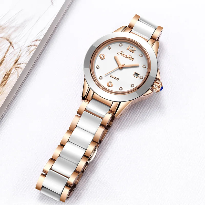 Montre Femme Sunkta Fashion Décontractée Quartz Élégante Luxe Céramique Diamant cadrant Étanche Montres pour Femme