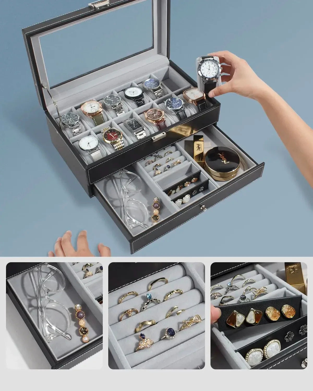 New 12 Slot Leather Lockable Watch Storage Boxes,Men & Women's Jewelry Display Drawer Case, 2-Tier Organizer Watch Showcase