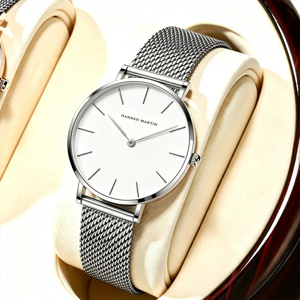 Montre pour femme Hannah Martin, bracelet en maille acier inoxydable, mouvement à quartz japonais