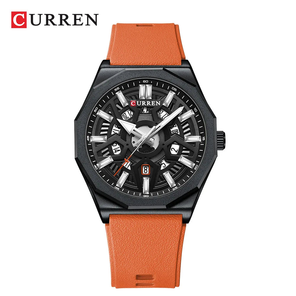 CURREN 8437 Unisex Minimalist Quartz Watch Polygonal Skeleton Sports Waterproof Silicone-Strap Wristwatch