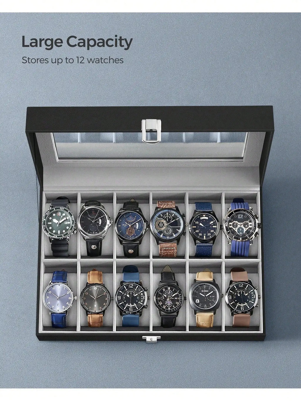12-Slot Lockable Watch Box with Glass Lid & Drawer, 2-Layer Leather Watch Display Case Organizer for Rings Bracelets, Black/Brown/Gray