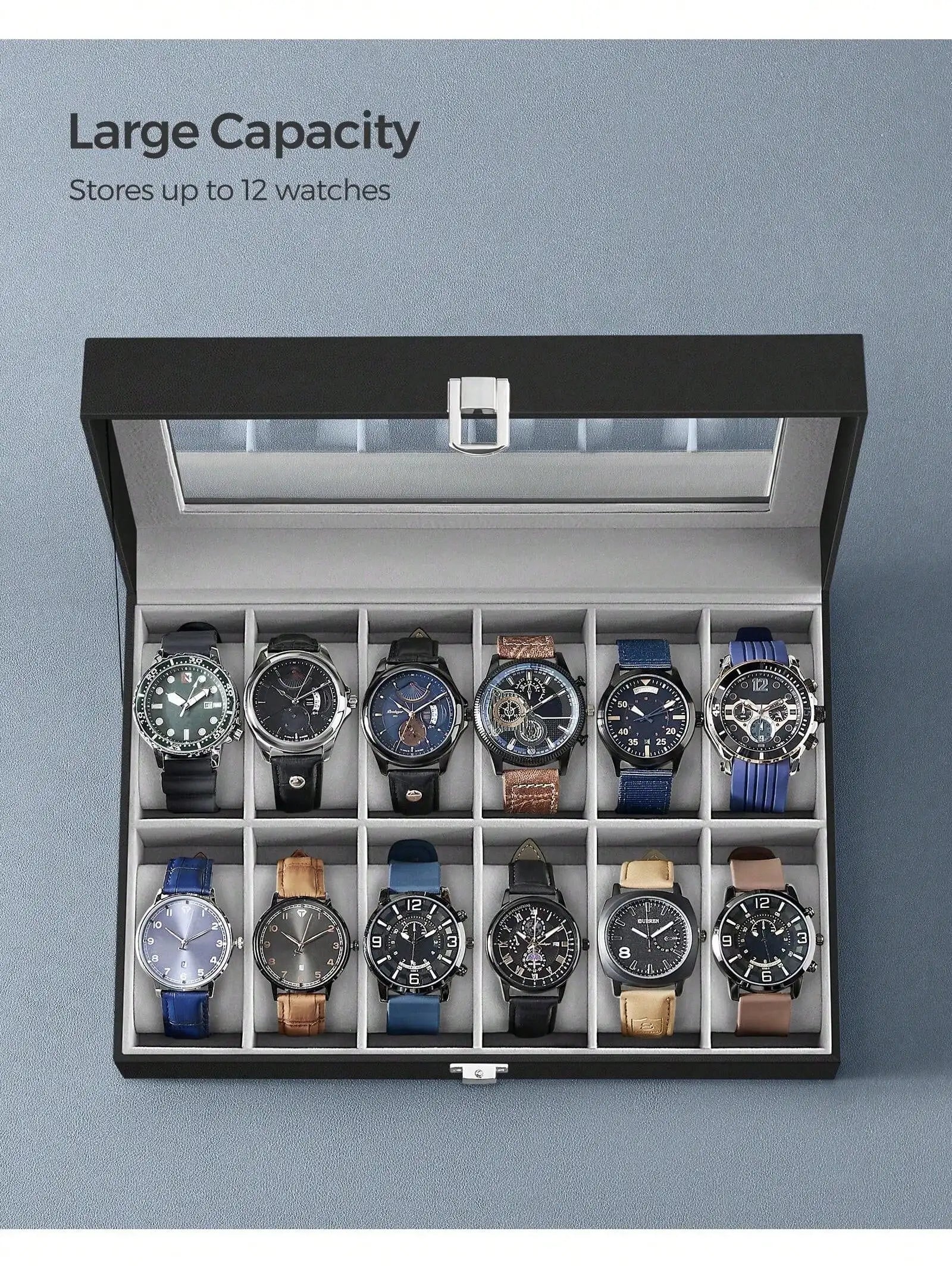 12-Slot Lockable Watch Box with Glass Lid & Drawer, 2-Layer Leather Watch Display Case Organizer for Rings Bracelets, Black/Brown/Gray