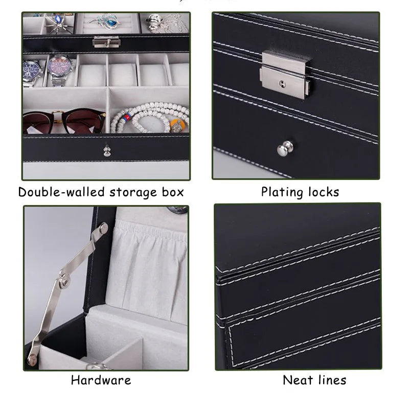 New 12 Slot Leather Lockable Watch Storage Boxes,Men & Women's Jewelry Display Drawer Case, 2-Tier Organizer Watch Showcase