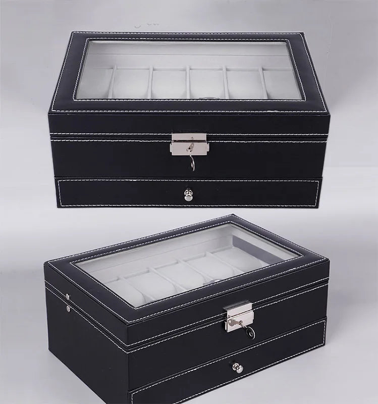 New 12 Slot Leather Lockable Watch Storage Boxes,Men & Women's Jewelry Display Drawer Case, 2-Tier Organizer Watch Showcase