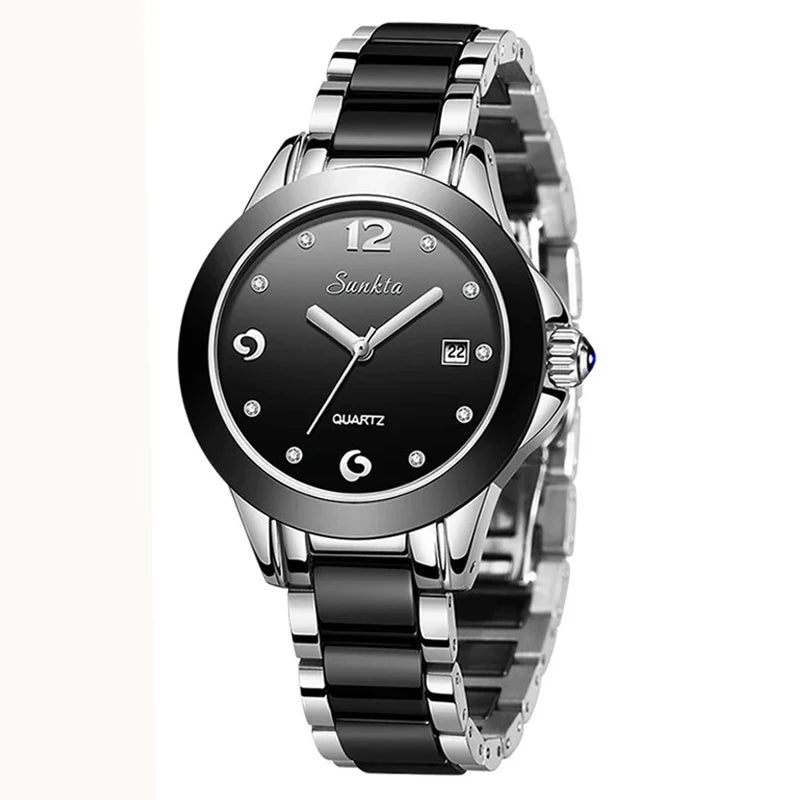 Montre Femme Sunkta Fashion Décontractée Quartz Élégante Luxe Céramique Diamant cadrant Étanche Montres pour Femme