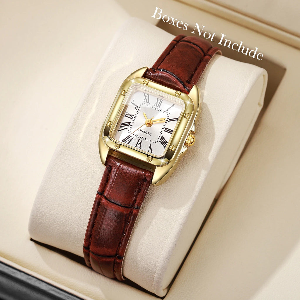 Fashion Square Women Leather Strap Wristwatches Casual Roma Dial Quartz Watch For Ladies Clock Relogio Feminino (Without Box)