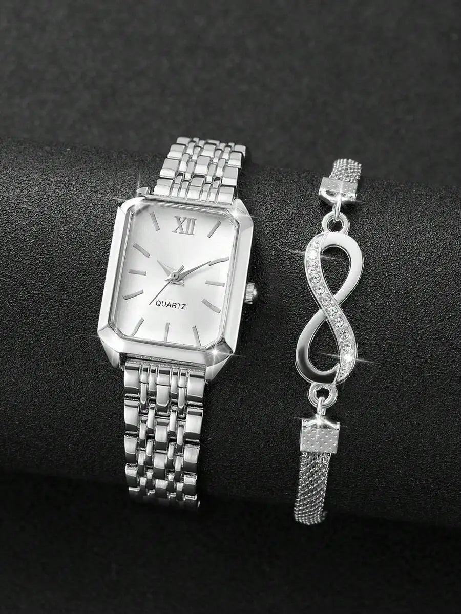 Montre femmes à cadran carré minimaliste en quartz + bracelet