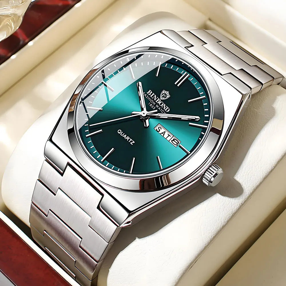 BINBOND Genuine Men Watch Light Luxury Stainless Steel Double Calendar Waterproof Male Business Fashion Quartz Clock Watches