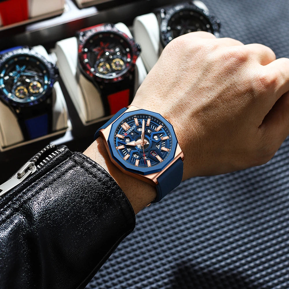 CURREN 8437 Unisex Minimalist Quartz Watch Polygonal Skeleton Sports Waterproof Silicone-Strap Wristwatch