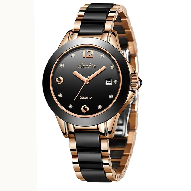 Montre Femme Sunkta Fashion Décontractée Quartz Élégante Luxe Céramique Diamant cadrant Étanche Montres pour Femme