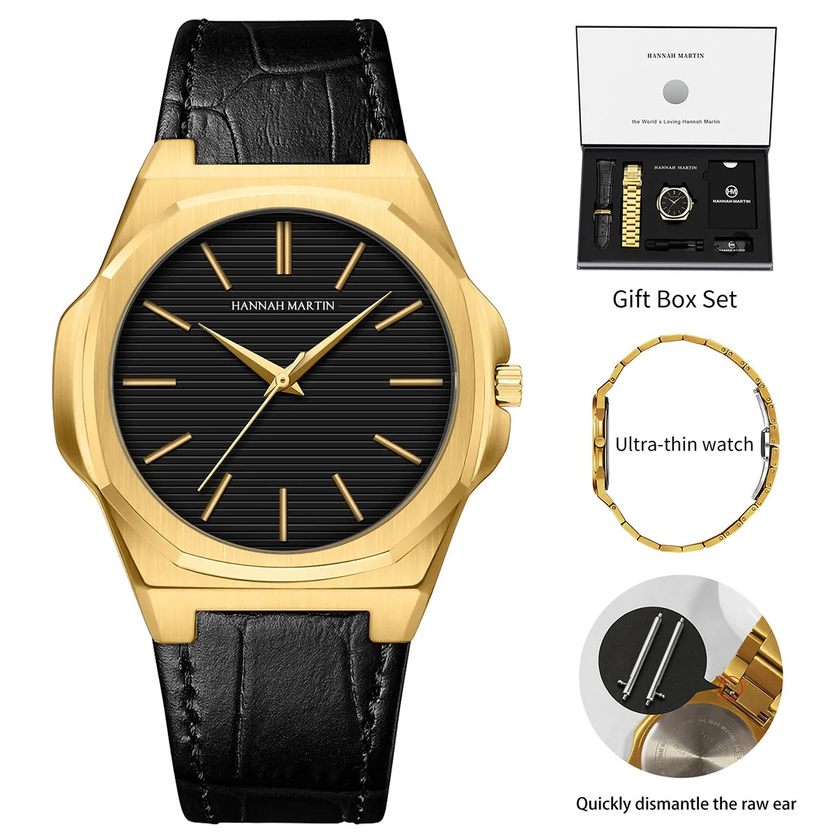 Montre femmes et Homme HANNAH MARTIN en cuir et acier inoxydable, mouvement japonais