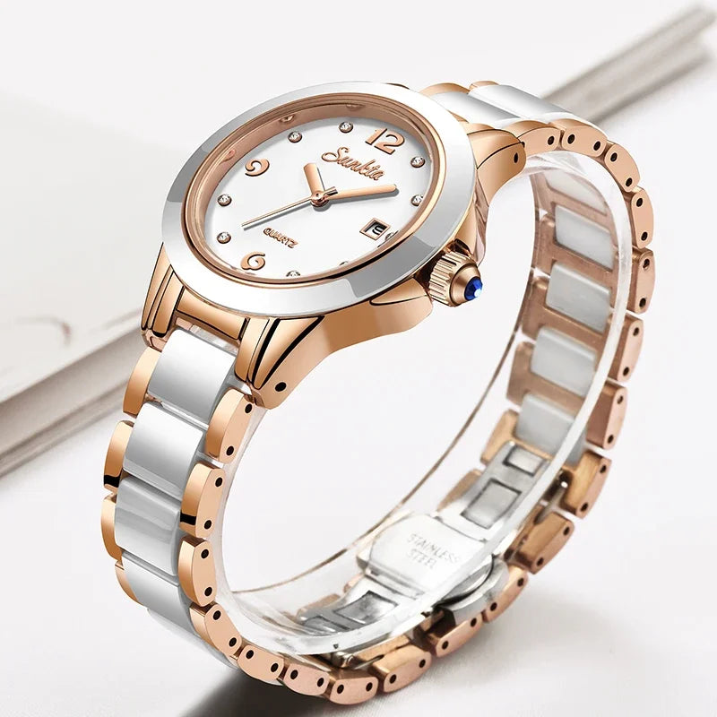 Montre Femme Sunkta Fashion Décontractée Quartz Élégante Luxe Céramique Diamant cadrant Étanche Montres pour Femme