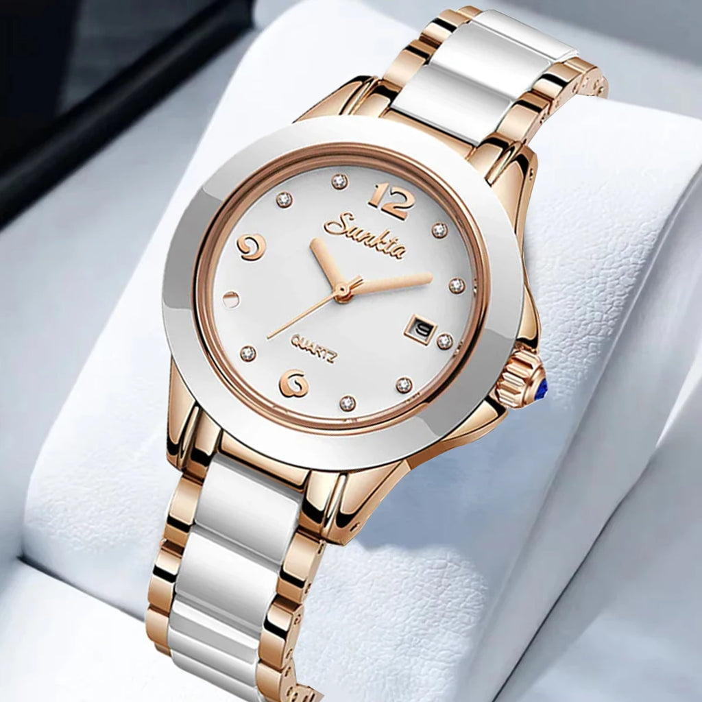 Montre Femme Sunkta Fashion Décontractée Quartz Élégante Luxe Céramique Diamant cadrant Étanche Montres pour Femme