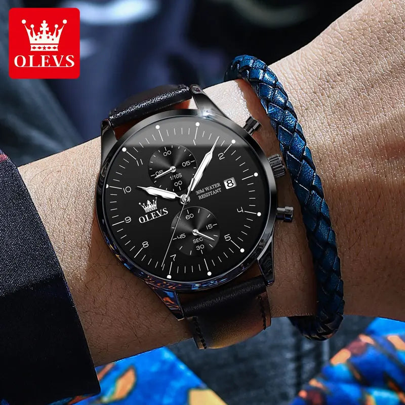 Montre Homme OLEVS, bracelet en cuir, montre mouvement quartz
