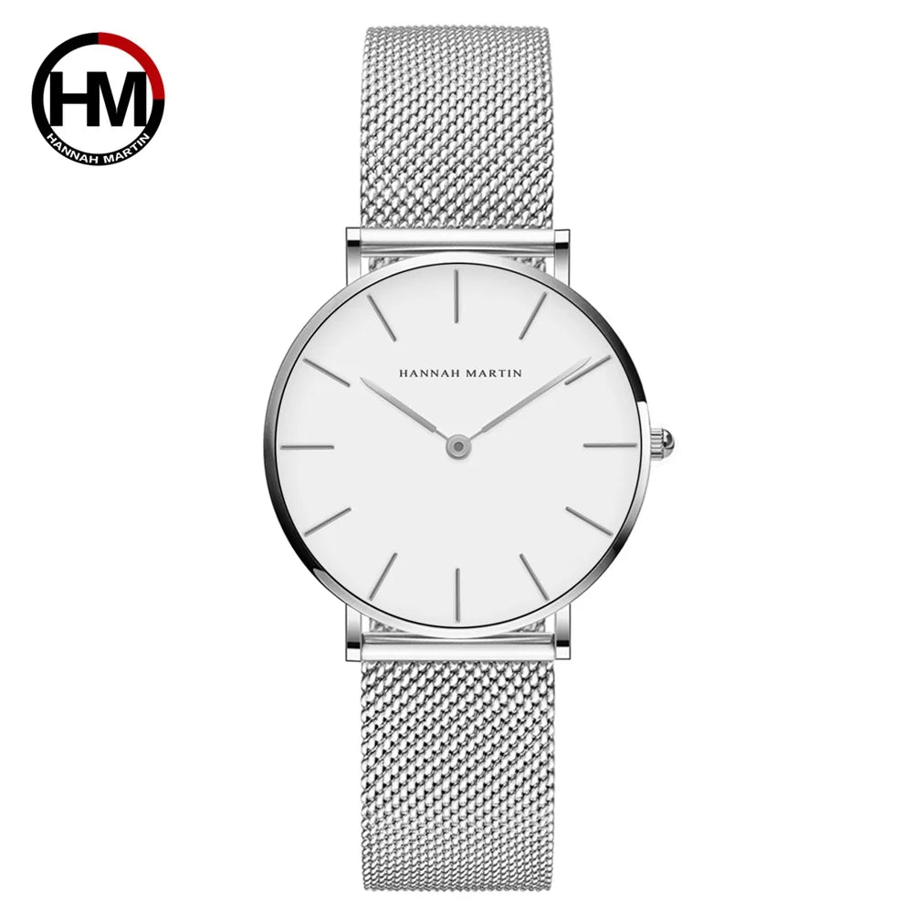 Montre pour femme Hannah Martin, bracelet en maille acier inoxydable, mouvement à quartz japonais