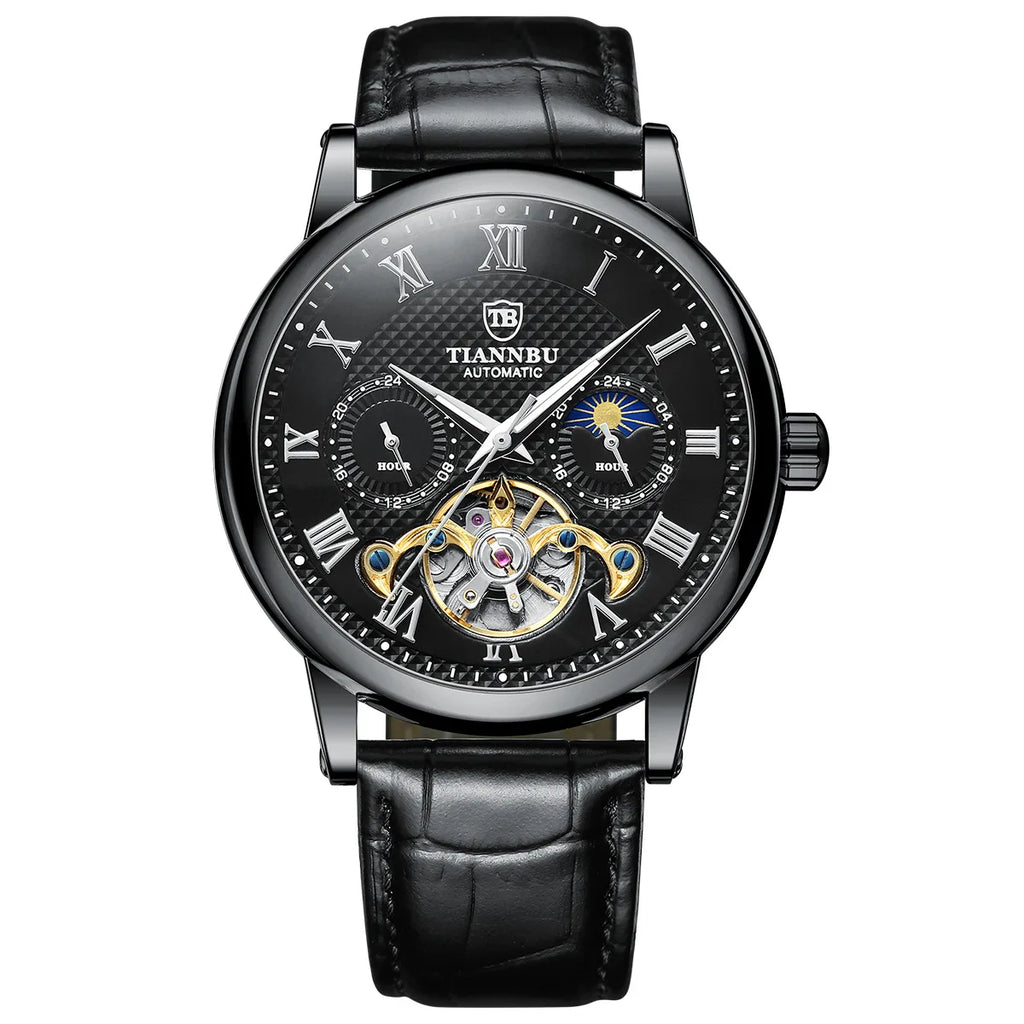 Montre mécanique automatique pour homme avec aiguilles lumineuses, bracelet en cuir, étanche, style tendance et sportif, motif solaire, haute qualité