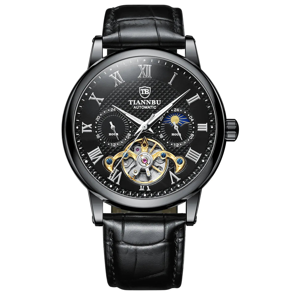 Montre mécanique automatique pour homme avec aiguilles lumineuses, bracelet en cuir, étanche, style tendance et sportif, motif solaire, haute qualité