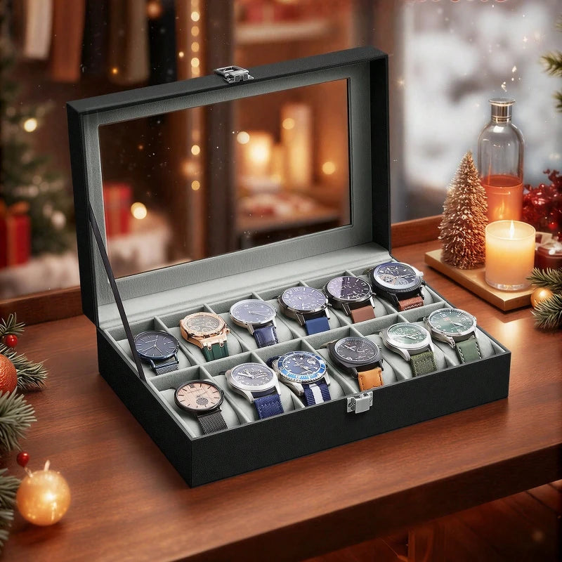 12-Slot Lockable Watch Box with Glass Lid & Drawer, 2-Layer Leather Watch Display Case Organizer for Rings Bracelets, Black/Brown/Gray