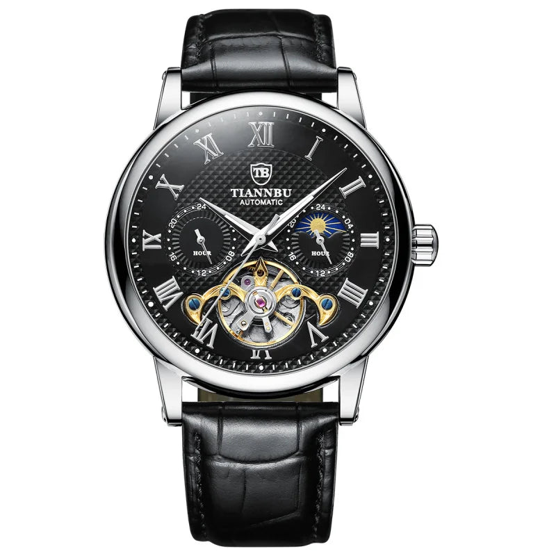 Montre mécanique automatique pour homme avec aiguilles lumineuses, bracelet en cuir, étanche, style tendance et sportif, motif solaire, haute qualité