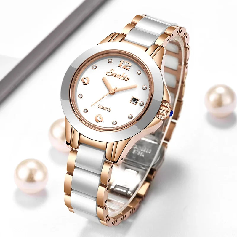 Montre Femme Sunkta Fashion Décontractée Quartz Élégante Luxe Céramique Diamant cadrant Étanche Montres pour Femme