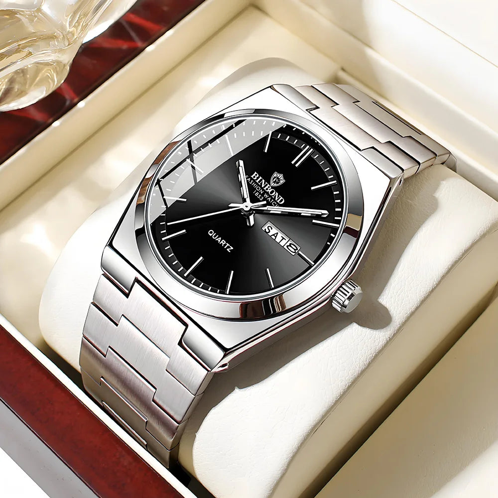 BINBOND Genuine Men Watch Light Luxury Stainless Steel Double Calendar Waterproof Male Business Fashion Quartz Clock Watches