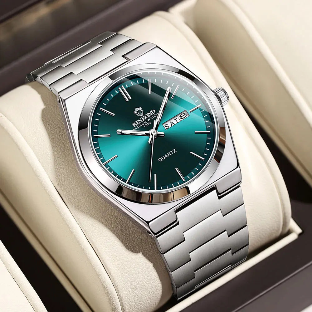 BINBOND Genuine Men Watch Light Luxury Stainless Steel Double Calendar Waterproof Male Business Fashion Quartz Clock Watches