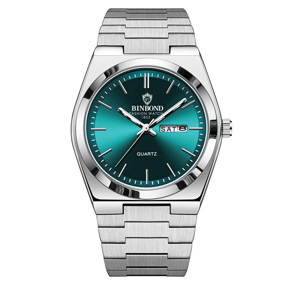 BINBOND Genuine Men Watch Light Luxury Stainless Steel Double Calendar Waterproof Male Business Fashion Quartz Clock Watches
