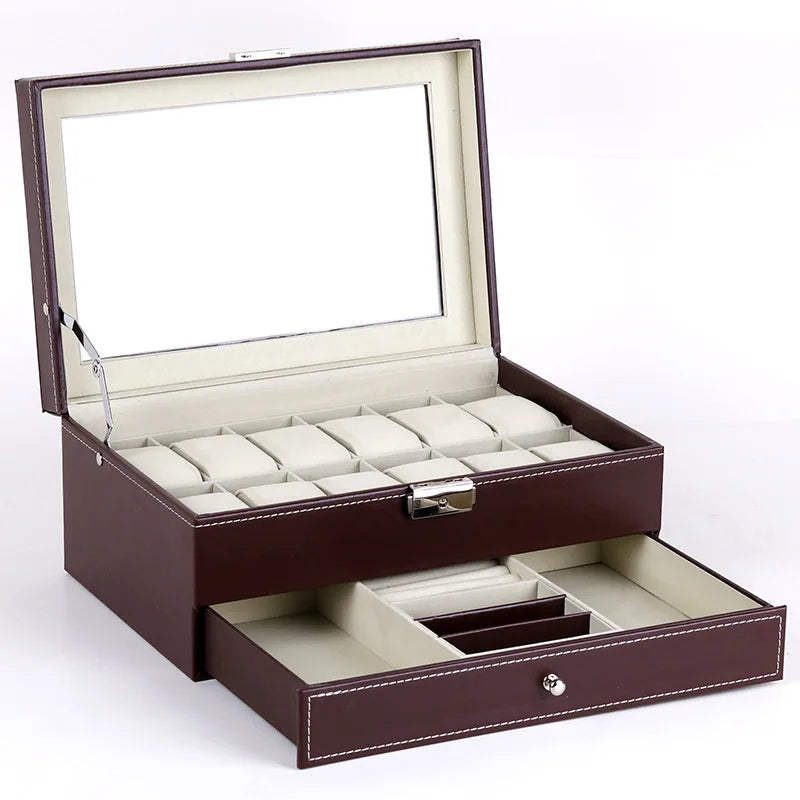 New 12 Slot Leather Lockable Watch Storage Boxes,Men & Women's Jewelry Display Drawer Case, 2-Tier Organizer Watch Showcase