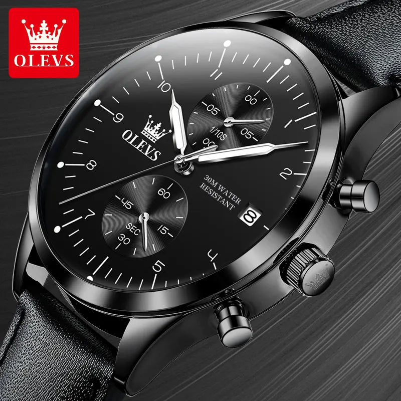 Montre Homme OLEVS, bracelet en cuir, montre mouvement quartz