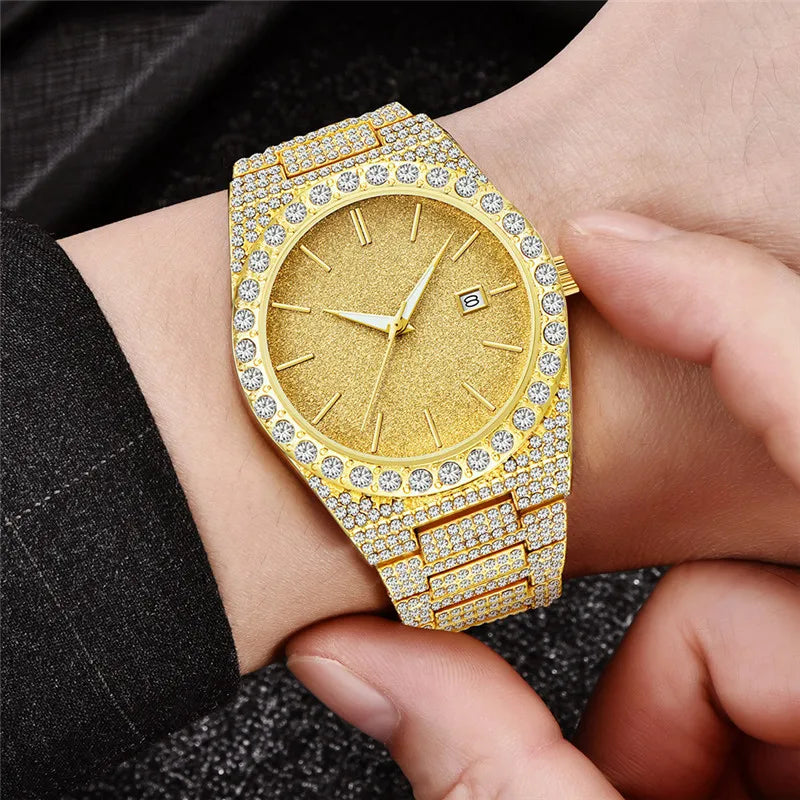Men Big Brand Watches Hip Hop Diamond Fashion Alloy Band Date Golden Luxury Vintage Quartz Watch Montres De Marque De Luxe 2024
