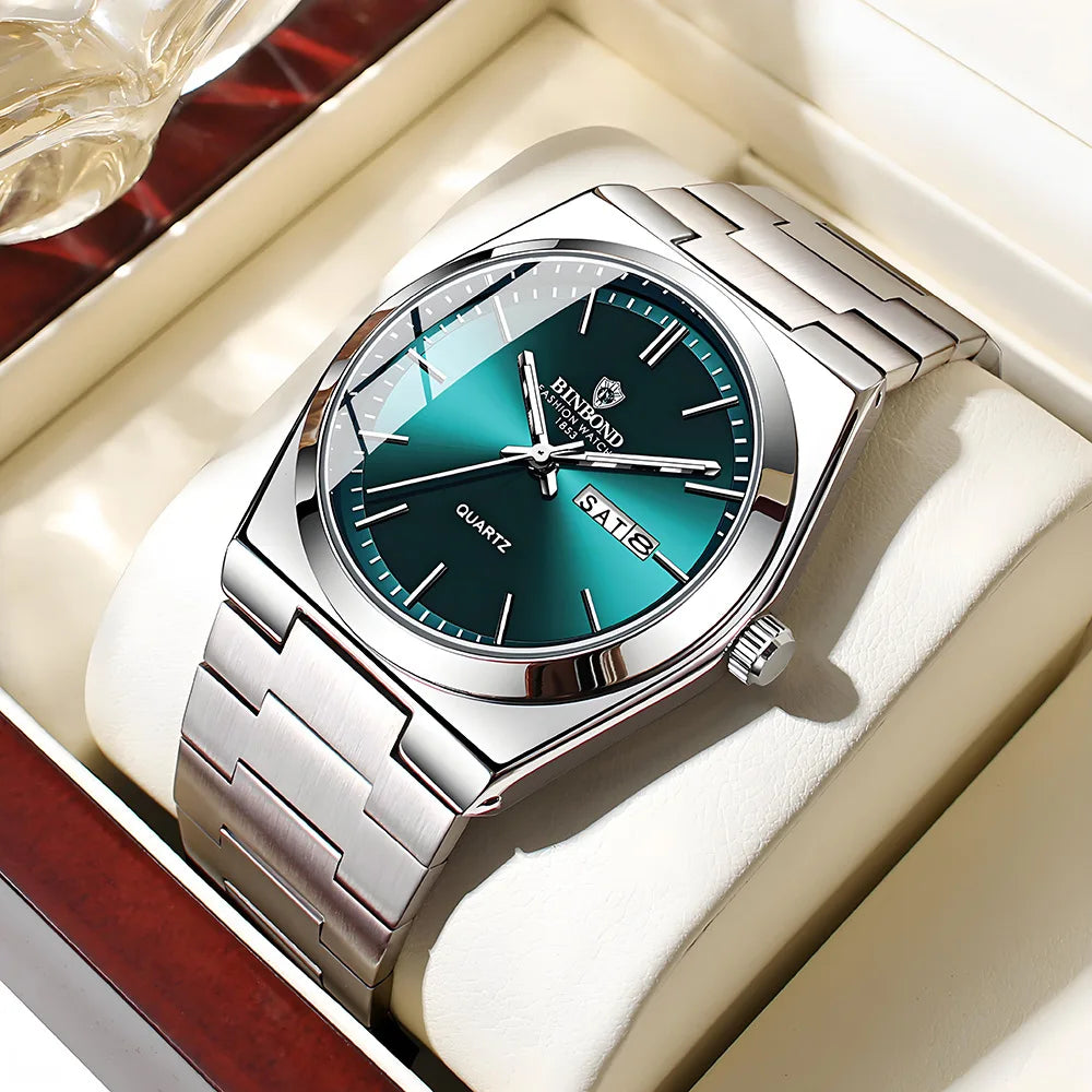 BINBOND Genuine Men Watch Light Luxury Stainless Steel Double Calendar Waterproof Male Business Fashion Quartz Clock Watches